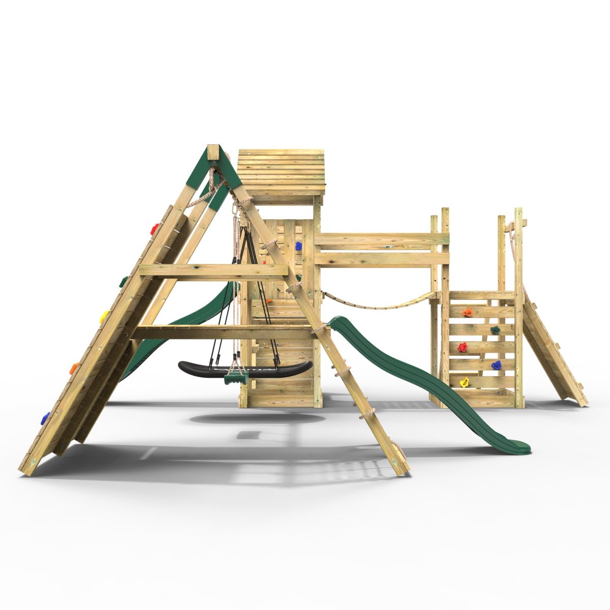 Rebo Double Tower Climbing Frame with Flexible Bridge, Swing & Slide - Montana