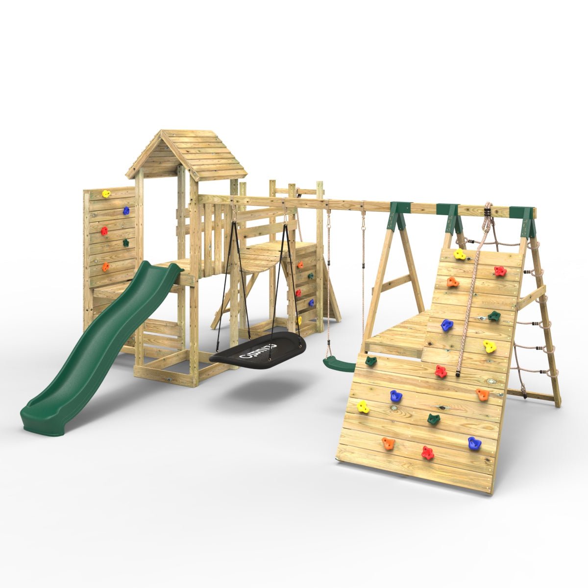 Rebo Double Tower Climbing Frame with Flexible Bridge, Swing & Slide - Montana