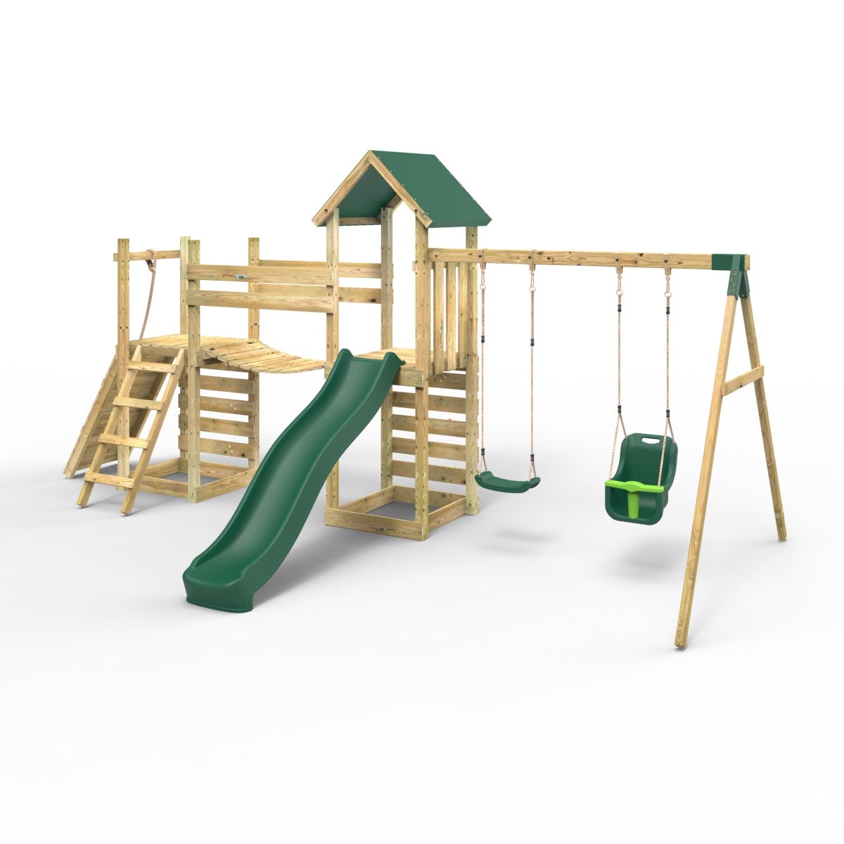 Rebo Double Tower Climbing Frame with Flexible Bridge, Swing & Slide - Rainier