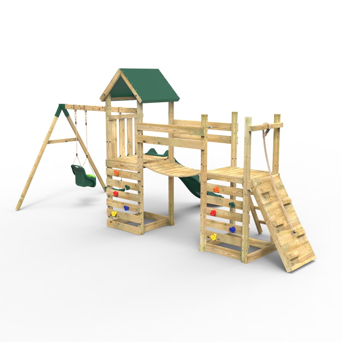 Rebo Double Tower Climbing Frame with Flexible Bridge, Swing & Slide - Rainier