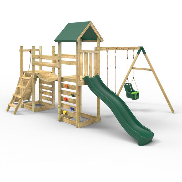 Rebo Double Tower Climbing Frame with Flexible Bridge, Swing & Slide - Rainier