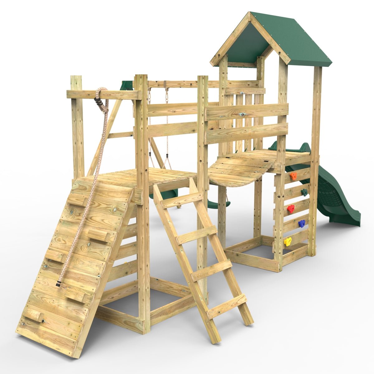 Rebo Double Tower Climbing Frame with Flexible Bridge, Swing & Slide - Rainier