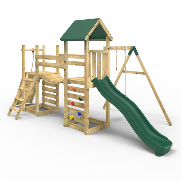 Rebo Double Tower Climbing Frame with Flexible Bridge, Swing & Slide - Rushmore