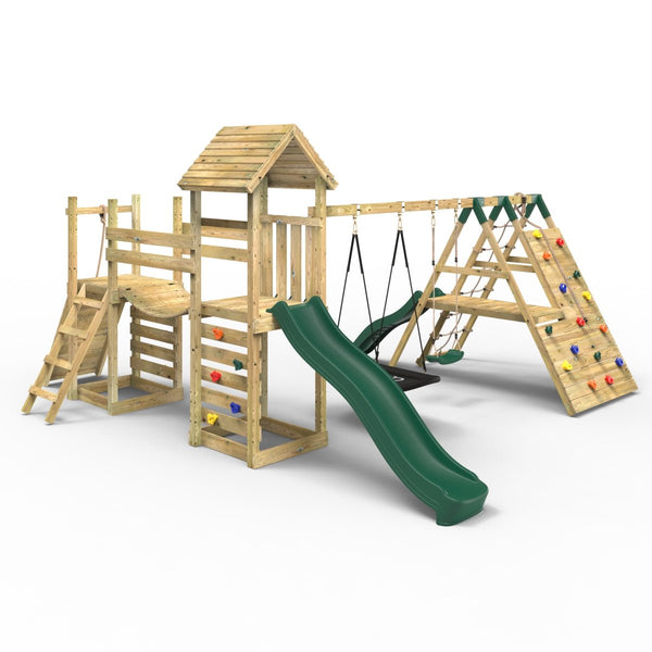 Rebo Double Tower Climbing Frame with Flexible Bridge, Swing & Slide - San Luis