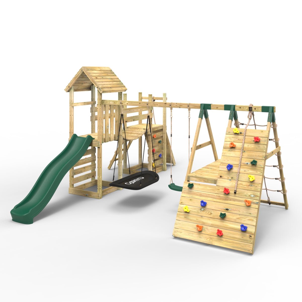 Rebo Double Tower Climbing Frame with Flexible Bridge, Swing & Slide - San Luis