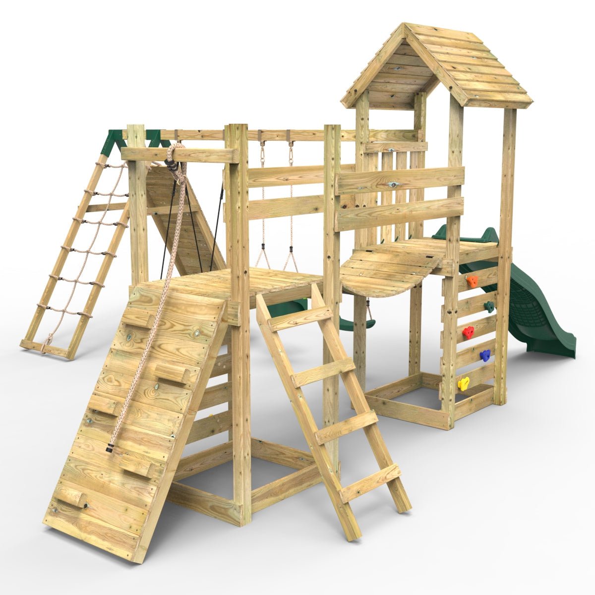 Rebo Double Tower Climbing Frame with Flexible Bridge, Swing & Slide - Sanford