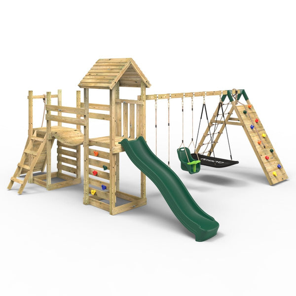 Rebo Double Tower Climbing Frame with Flexible Bridge, Swing & Slide - Sanford