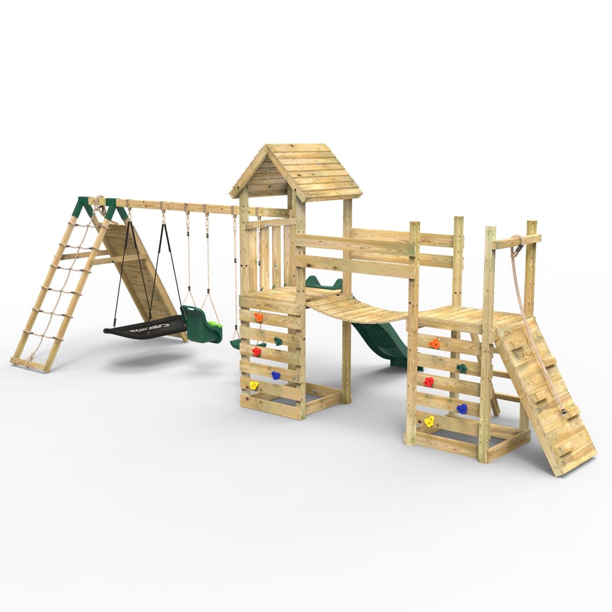 Rebo Double Tower Climbing Frame with Flexible Bridge, Swing & Slide - Sanford