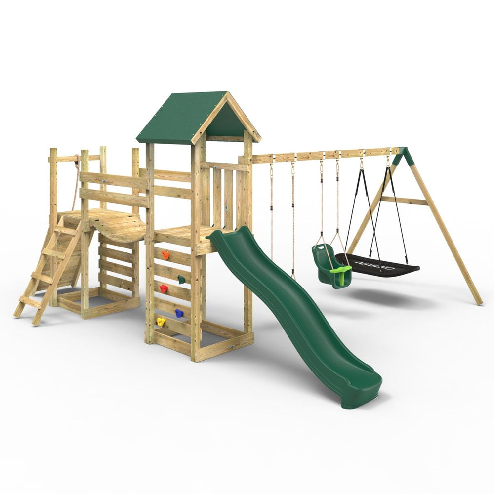 Rebo Double Tower Climbing Frame with Flexible Bridge, Swing & Slide - Snowdon