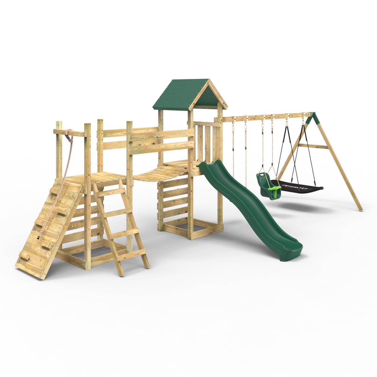 Rebo Double Tower Climbing Frame with Flexible Bridge, Swing & Slide - Snowdon