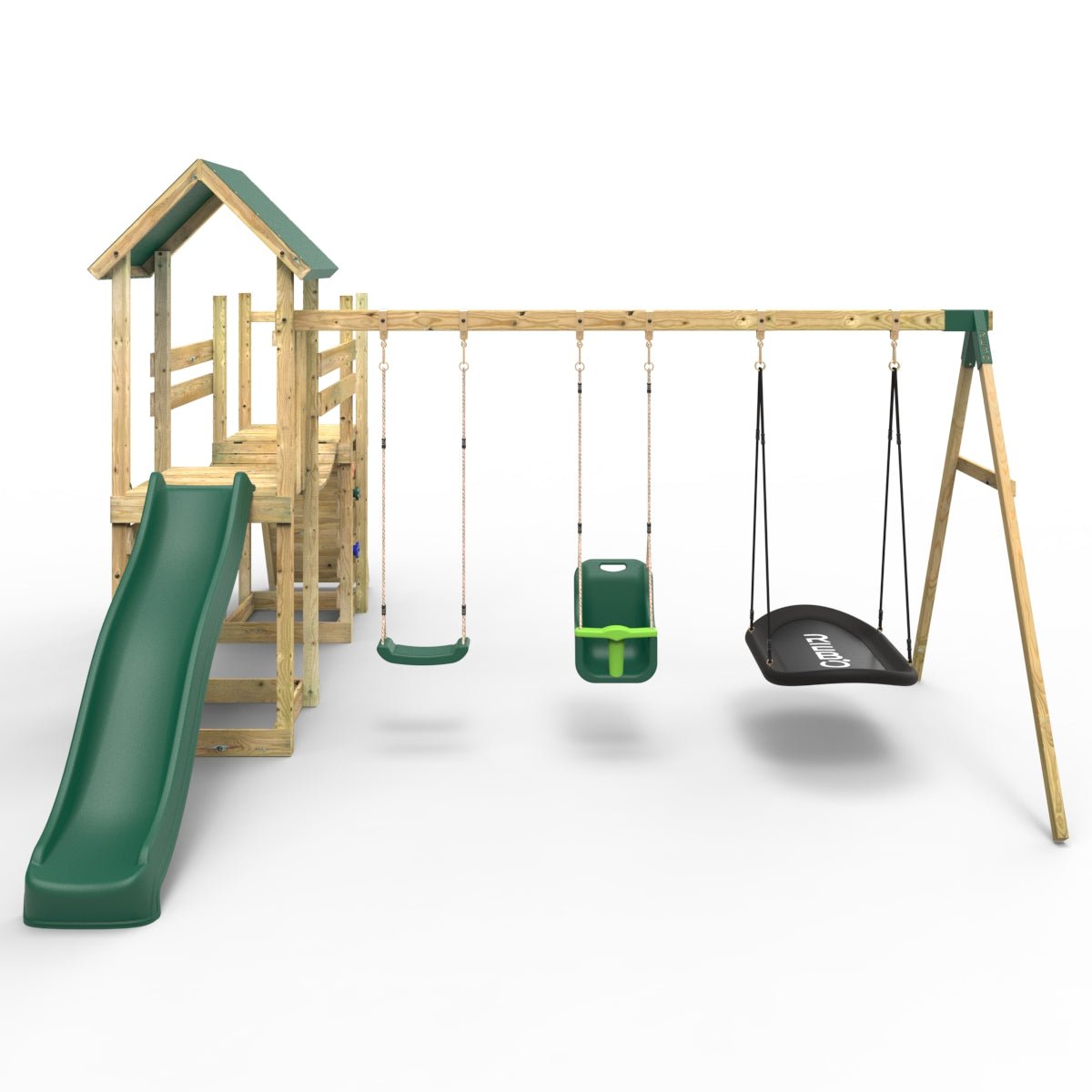 Rebo Double Tower Climbing Frame with Flexible Bridge, Swing & Slide - Snowdon