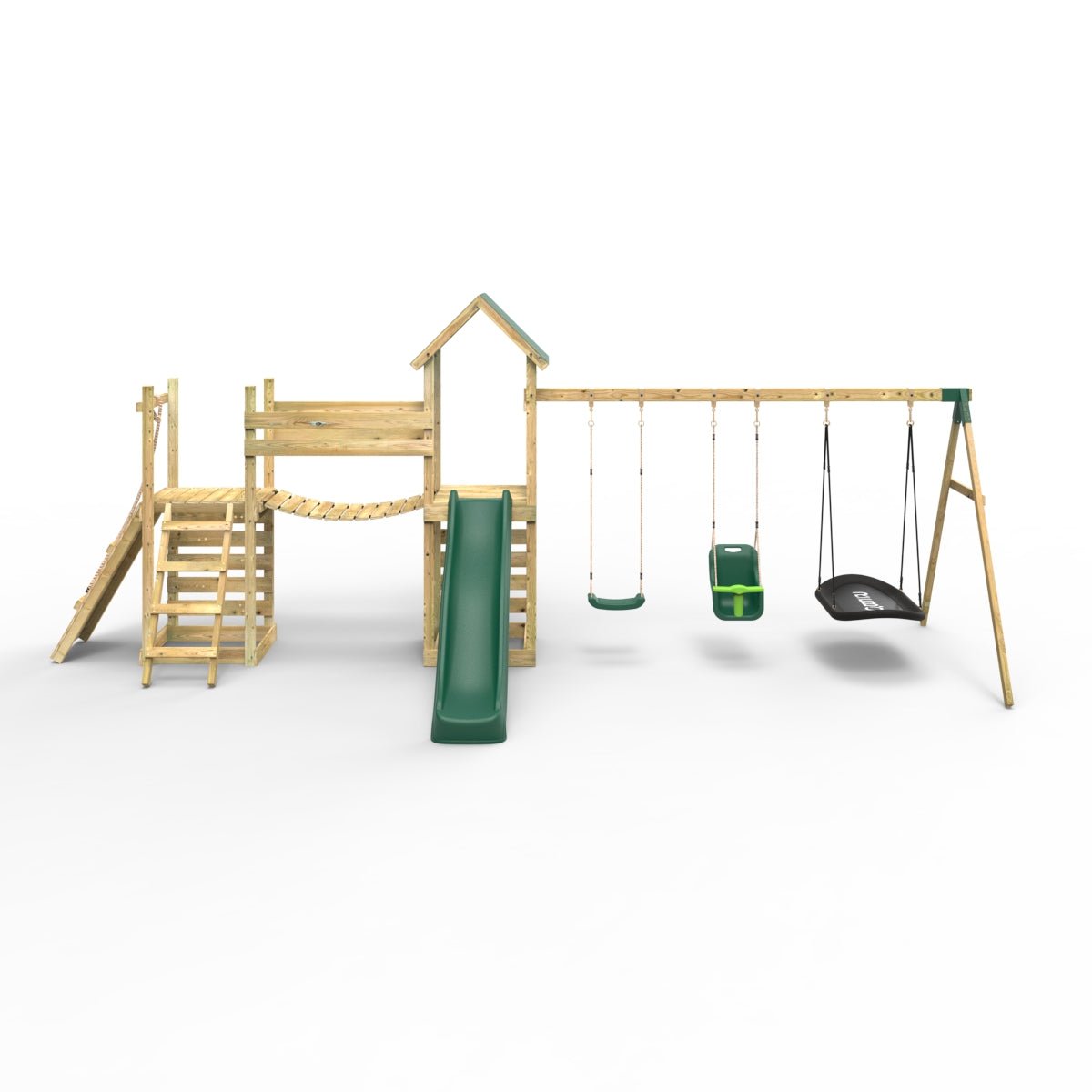 Rebo Double Tower Climbing Frame with Flexible Bridge, Swing & Slide - Snowdon