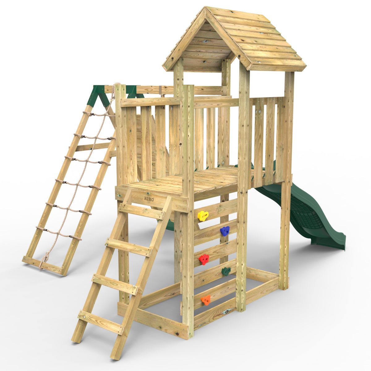 Rebo Extended Tower Wooden Climbing Frame with Swings & Slide - Bear