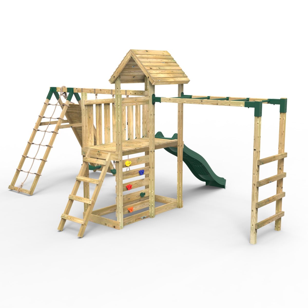 Rebo Extended Tower Wooden Climbing Frame with Swings & Slide - Dolomite
