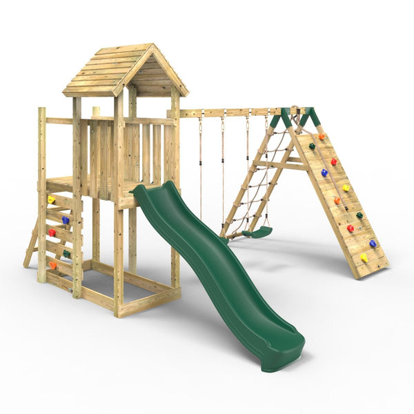 Rebo Extended Tower Wooden Climbing Frame with Swings & Slide - Greenhorn