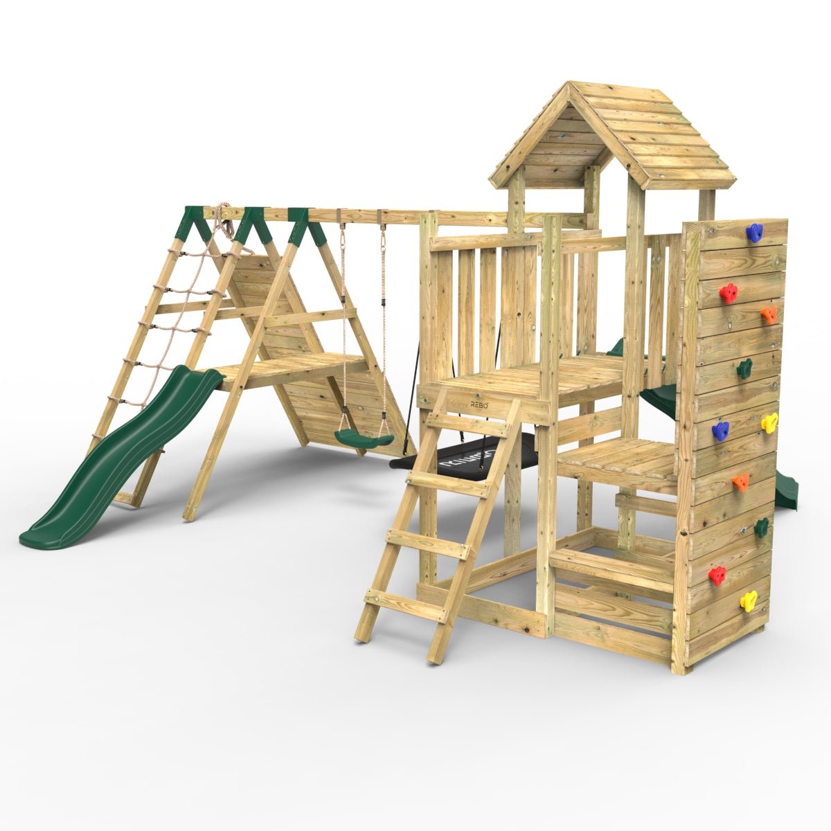 Rebo Extended Tower Wooden Climbing Frame with Swings & Slide - Montana