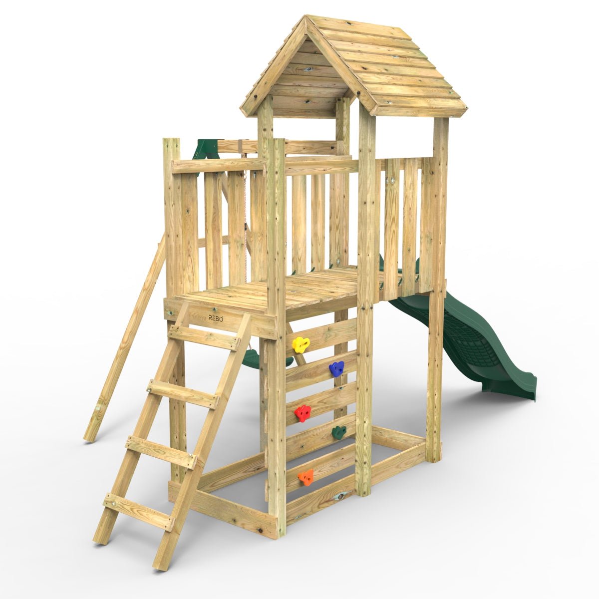 Rebo Extended Tower Wooden Climbing Frame with Swings & Slide - Rushmore