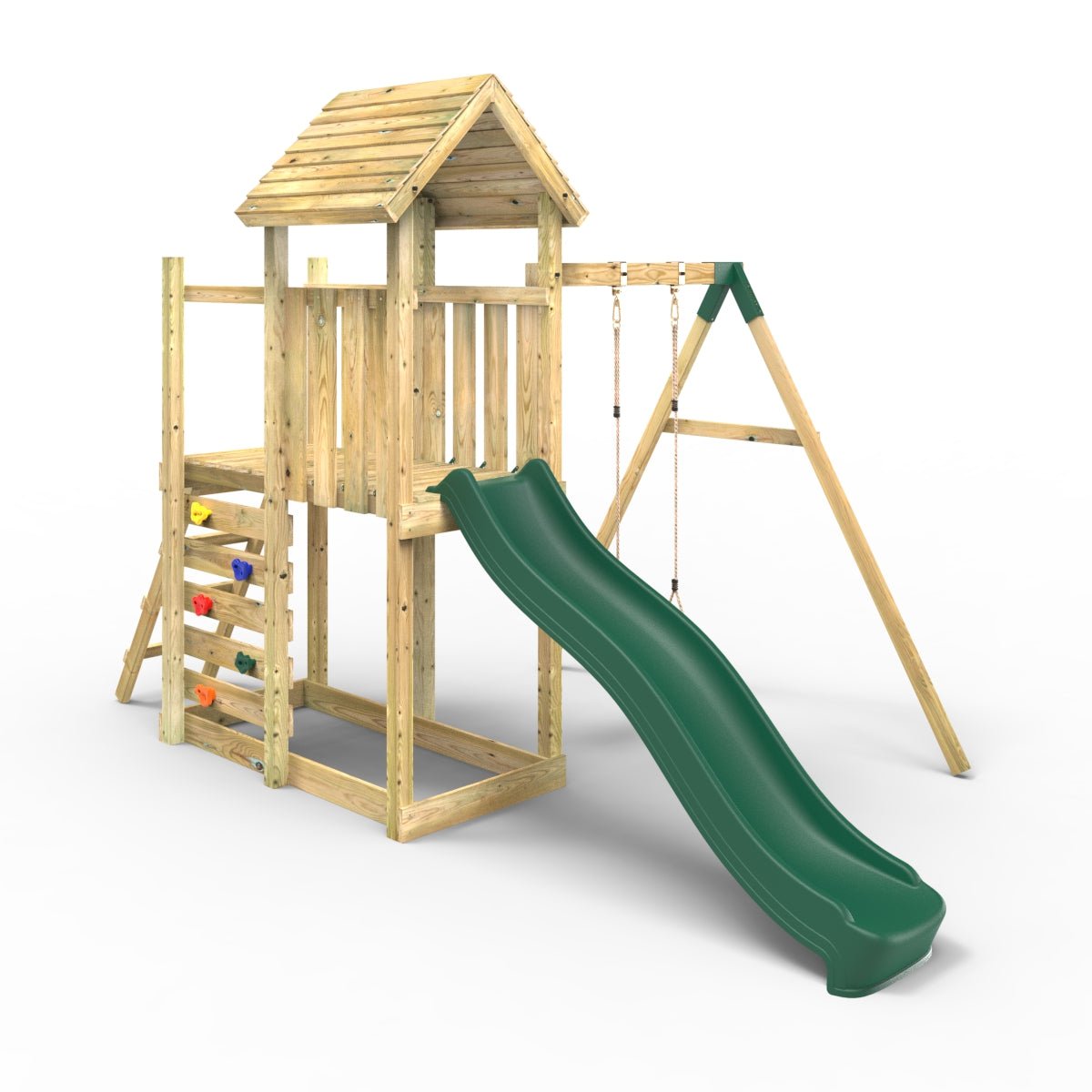 Rebo Extended Tower Wooden Climbing Frame with Swings & Slide - Rushmore