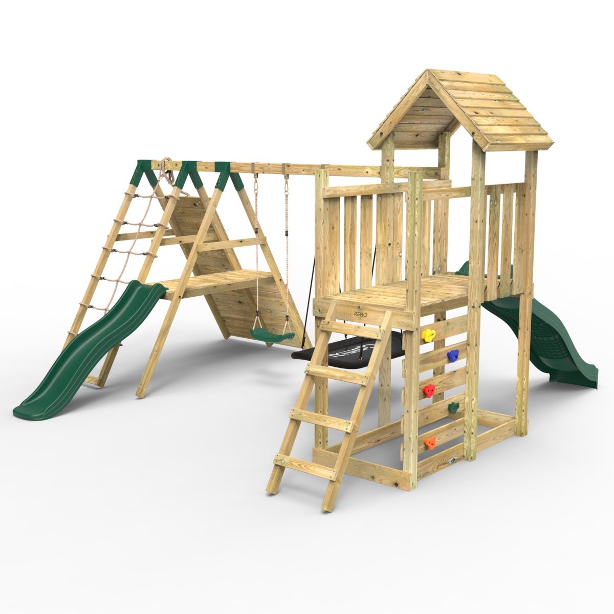 Rebo Extended Tower Wooden Climbing Frame with Swings & Slide - San Luis