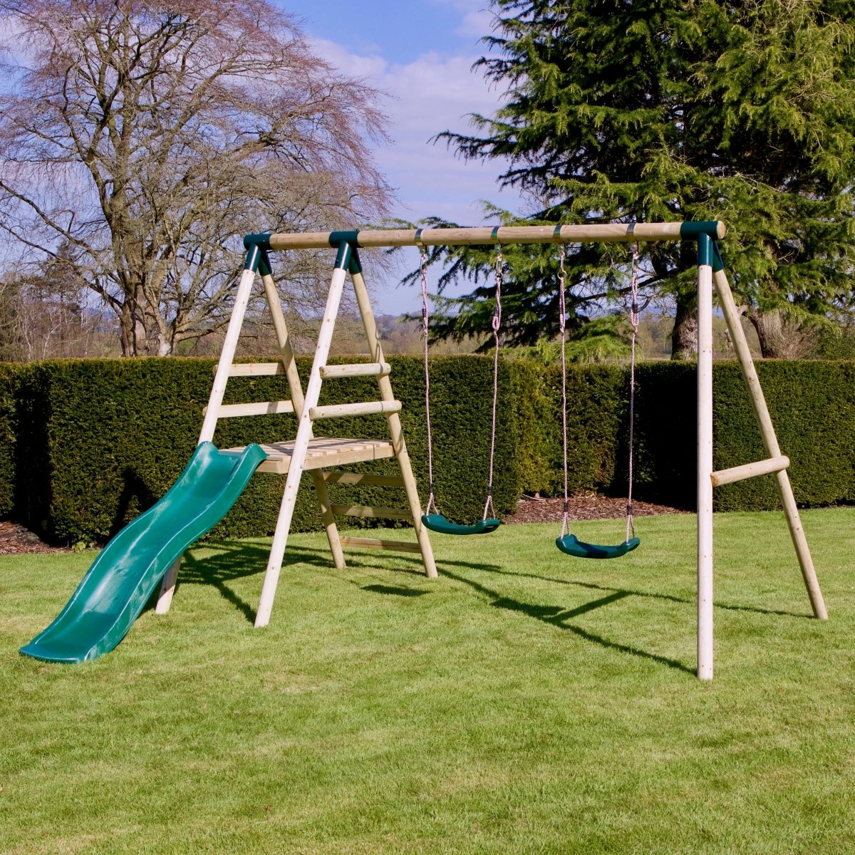 Rebo Gemini Wooden Swing Set with Platform and Slide