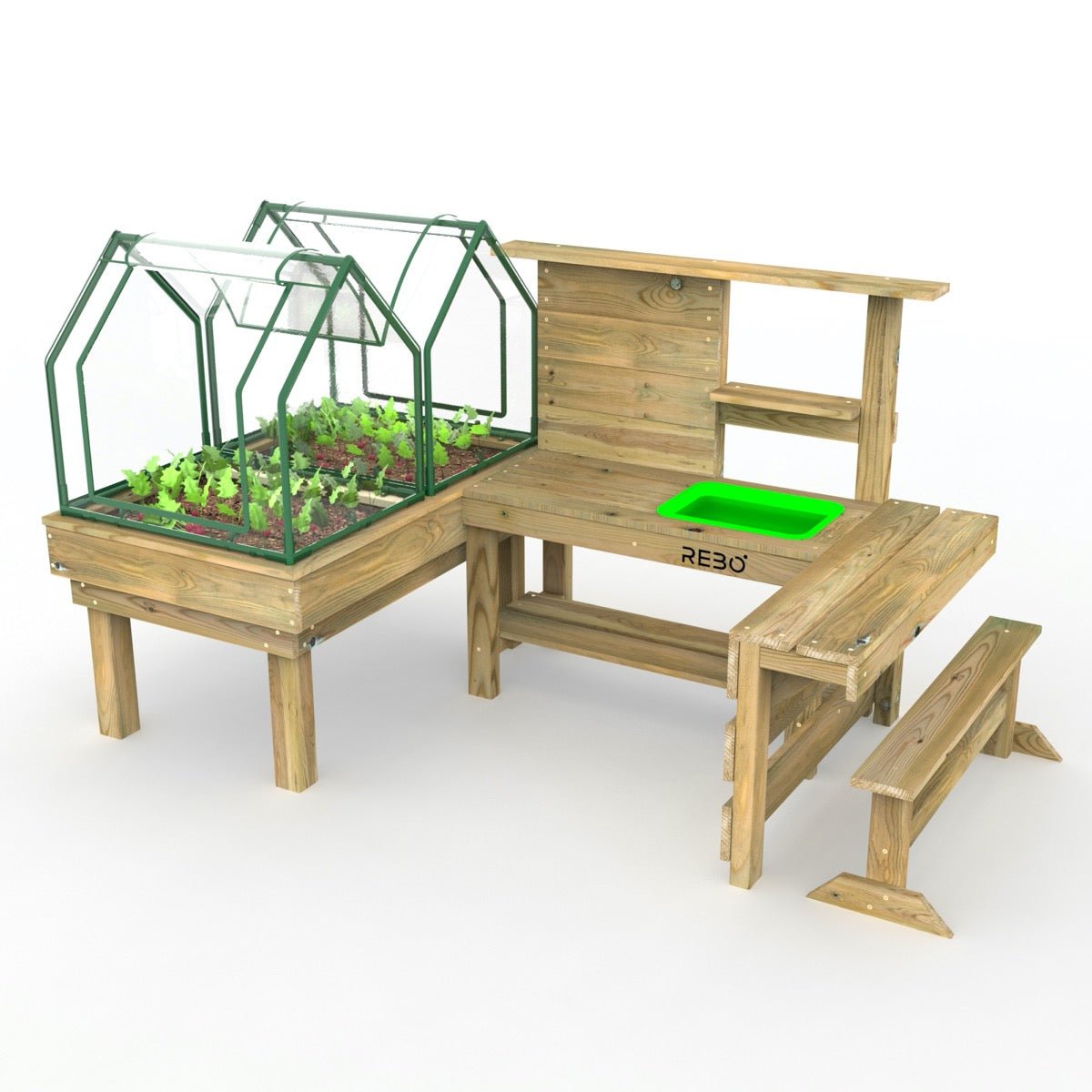 Rebo Kitchen Garden Kids Potting Table And Mini Greenhouse – Double