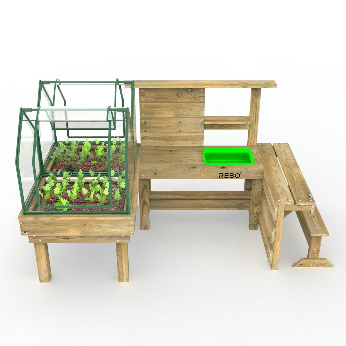 Rebo Kitchen Garden Kids Potting Table And Mini Greenhouse – Double