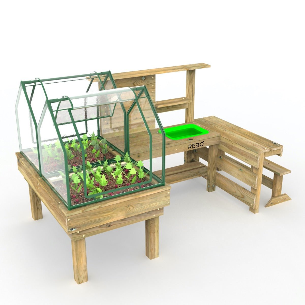 Rebo Kitchen Garden Kids Potting Table And Mini Greenhouse – Double