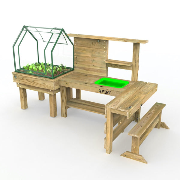 Rebo Kitchen Garden Kids Potting Table And Mini Greenhouse – Single