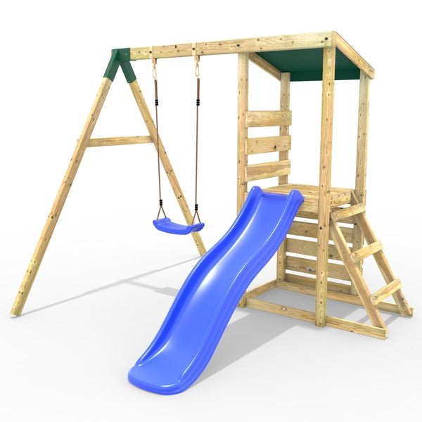 Rebo Limited Edition Wooden Climbing Frame Tower with Swing and 6ft Slide - Blue