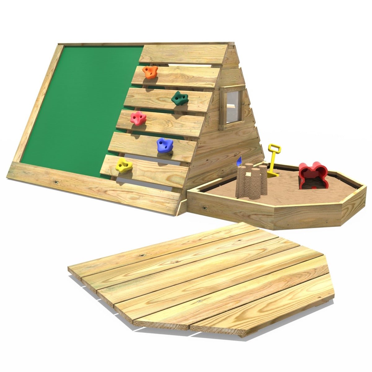 Rebo Mini Wooden Climbing Pyramid Adventure Playset + Sandpit & Den - Green