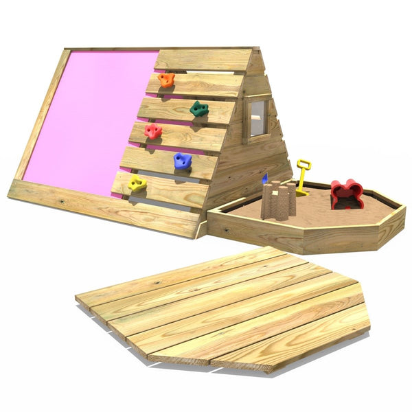 Rebo Mini Wooden Climbing Pyramid Adventure Playset + Sandpit & Den - Pink