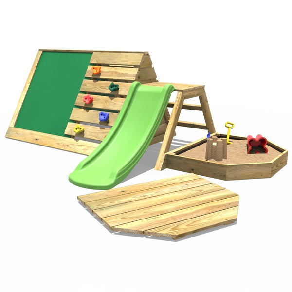 Rebo Mini Wooden Climbing Pyramid Adventure Playset Sandpit, Den & Slide - Green