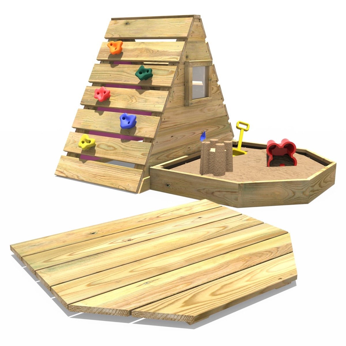 Rebo Mini Wooden Climbing Pyramid Adventure Playset + Sandpit - Pink