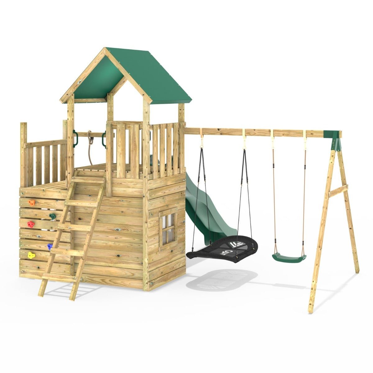 Rebo Modular Wooden Climbing Frame Adventure Playset - M8 plus Ramp & Double Swing