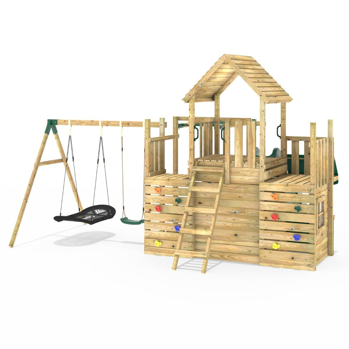 Rebo Modular Wooden Climbing Frame Playset - M25 Swings, Monkey Bars & Den