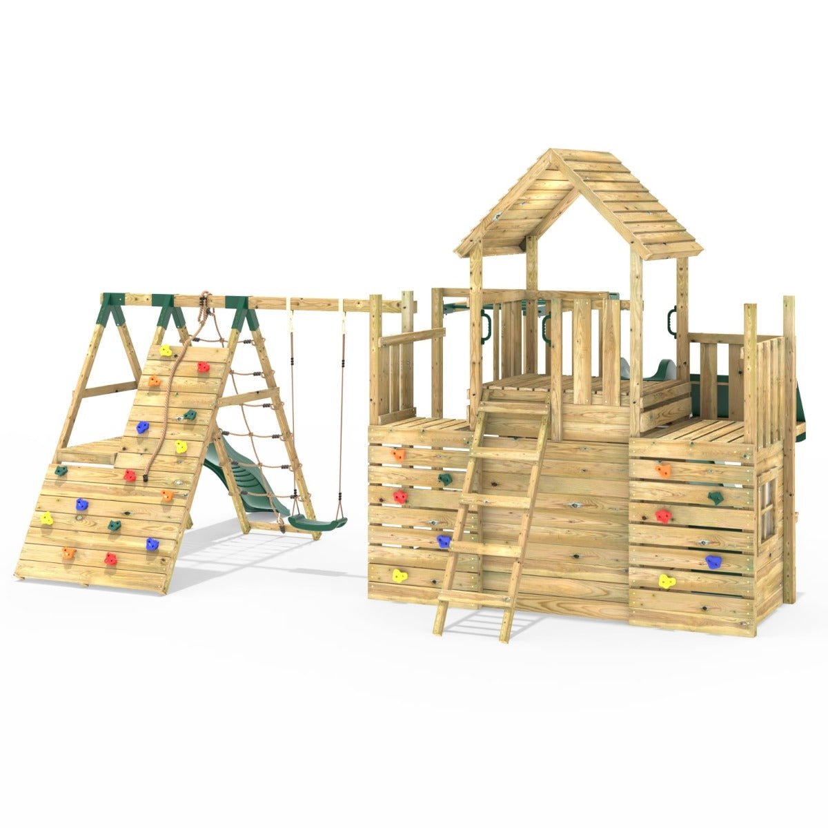 Rebo Modular Wooden Climbing Frame Playset - M27 Single Swing, Monkey Bars & Den