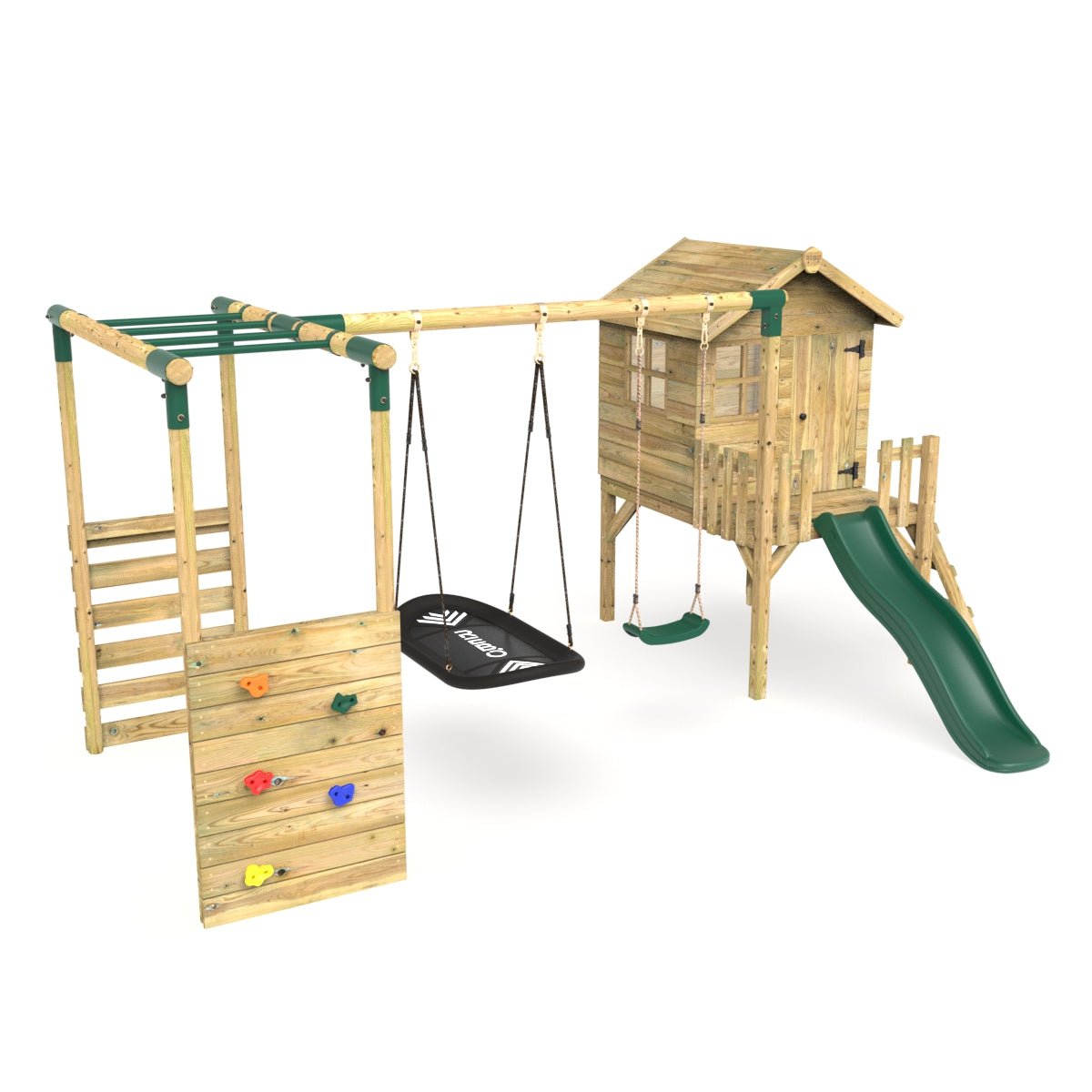 Rebo Orchard 4FT Wooden Playhouse, Swings, Monkey Bars, Deck & 6FT Slide – Sage Green