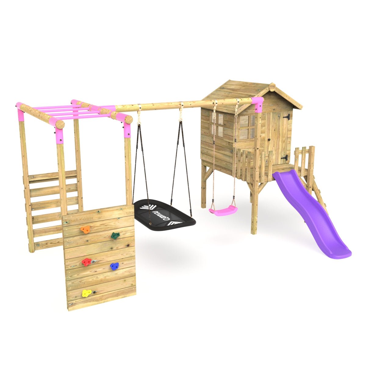 Rebo Orchard 4FT Wooden Playhouse, Swings, Monkey Bars, Deck & 6FT Slide – Sage Purple
