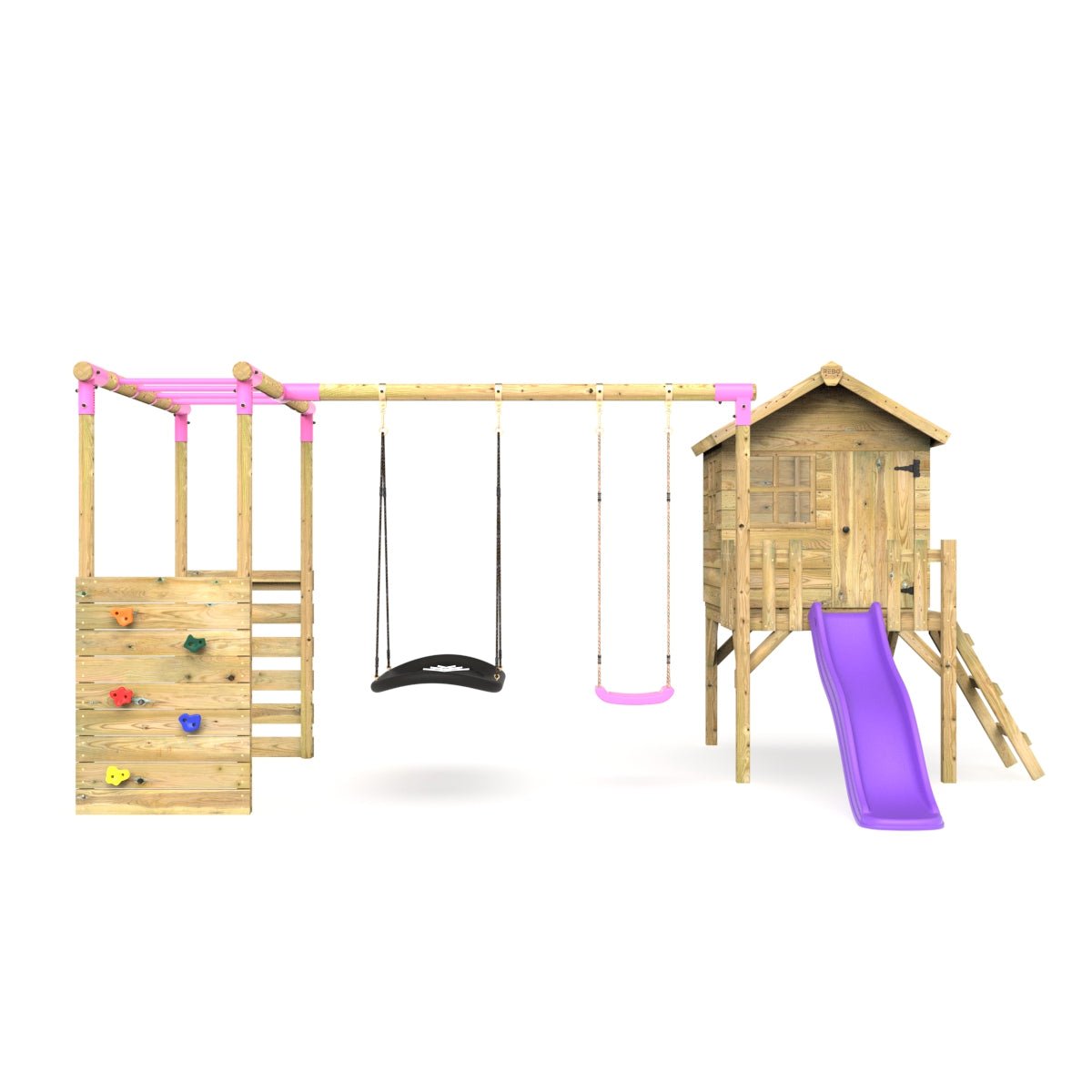 Rebo Orchard 4FT Wooden Playhouse, Swings, Monkey Bars, Deck & 6FT Slide – Sage Purple