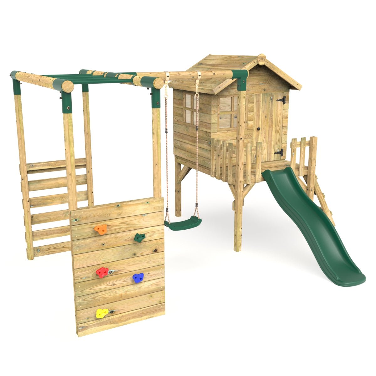 Rebo Orchard 4FT Wooden Playhouse, Swings, Monkey Bars, Deck & 6FT Slide – Solar Green