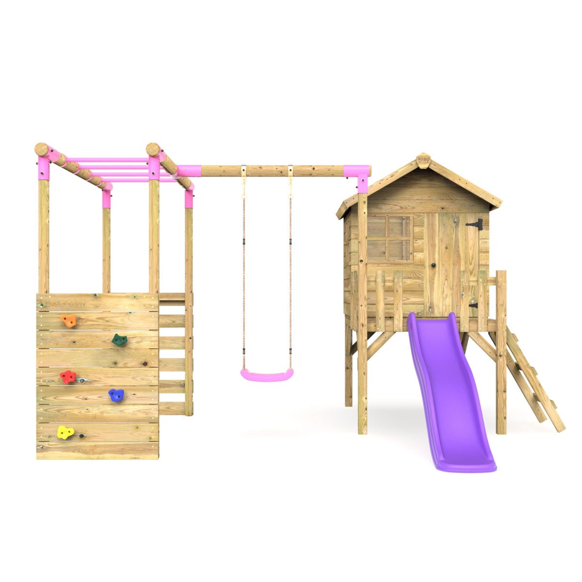 Rebo Orchard 4FT Wooden Playhouse, Swings, Monkey Bars, Deck & 6FT Slide – Solar Purple