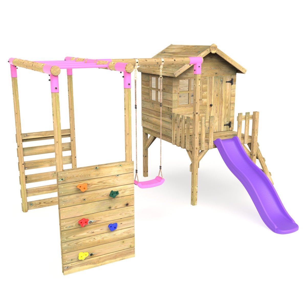 Rebo Orchard 4FT Wooden Playhouse, Swings, Monkey Bars, Deck & 6FT Slide – Solar Purple