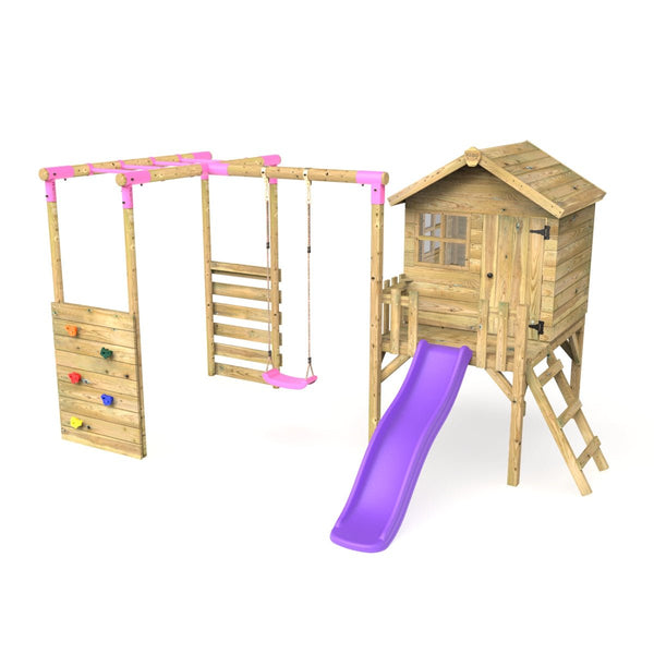 Rebo Orchard 4FT Wooden Playhouse, Swings, Monkey Bars, Deck & 6FT Slide – Solar Purple