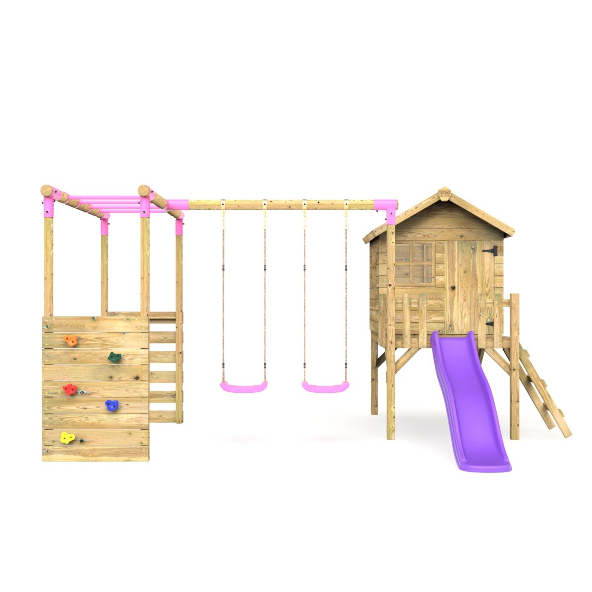 Rebo Orchard 4FT Wooden Playhouse, Swings, Monkey Bars, Deck & 6FT Slide – Venus Purple