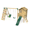 Rebo Orchard 4FT Wooden Playhouse + Swings, Rock Wall, Deck & 6FT Slide – Luna Green