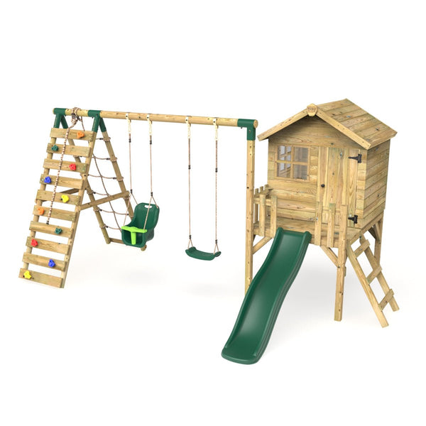 Rebo Orchard 4FT Wooden Playhouse + Swings, Rock Wall, Deck & 6FT Slide – Luna Green