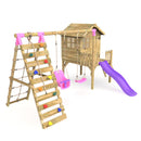 Rebo Orchard 4FT Wooden Playhouse + Swings, Rock Wall, Deck & 6FT Slide – Luna Purple