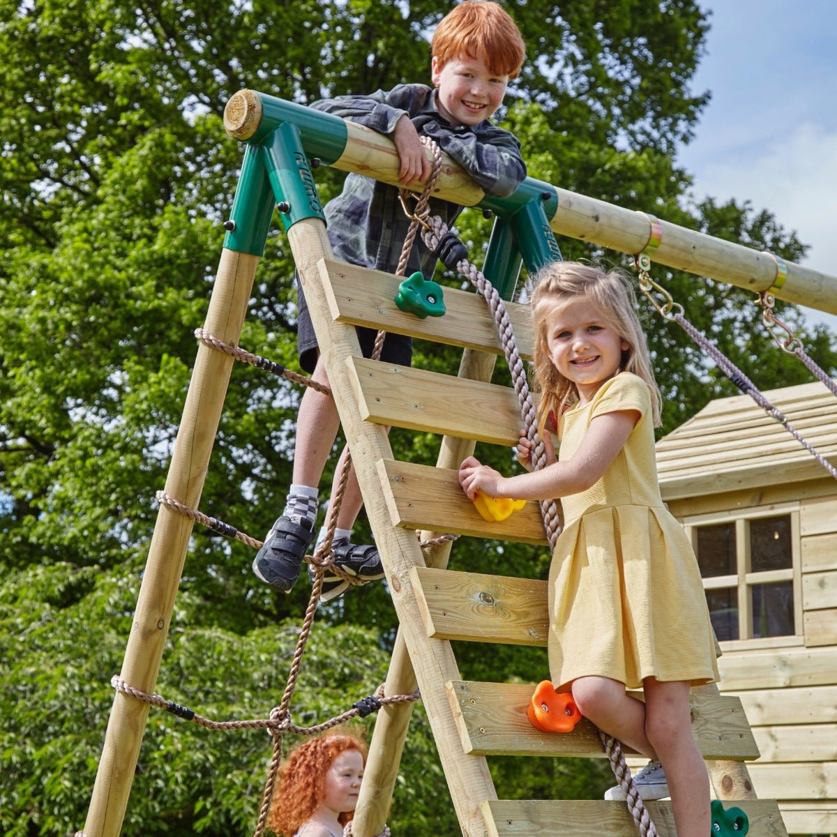 Rebo Orchard 4FT Wooden Playhouse + Swings, Rock Wall, Deck & 6FT Slide – Sage Green