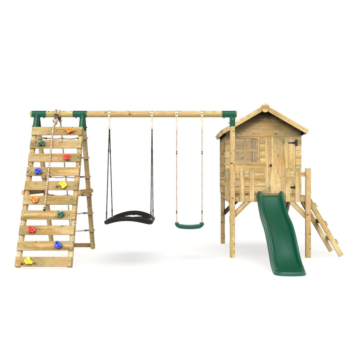 Rebo Orchard 4FT Wooden Playhouse + Swings, Rock Wall, Deck & 6FT Slide – Sage Green
