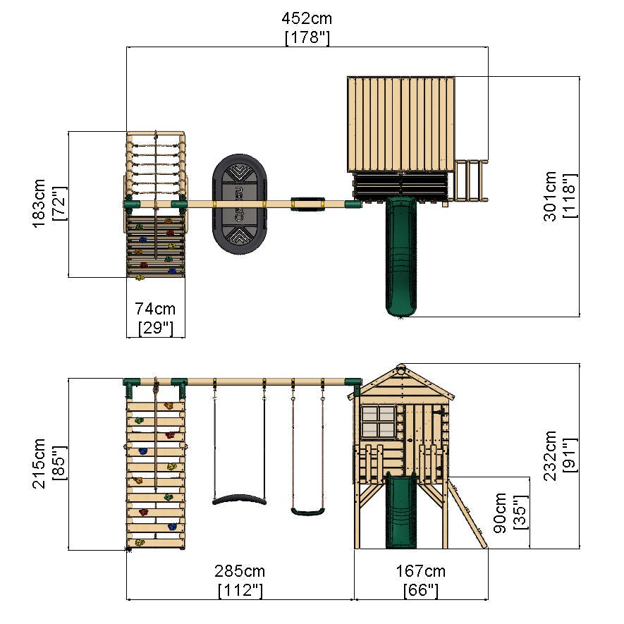 Rebo Orchard 4FT Wooden Playhouse + Swings, Rock Wall, Deck & 6FT Slide – Sage Green